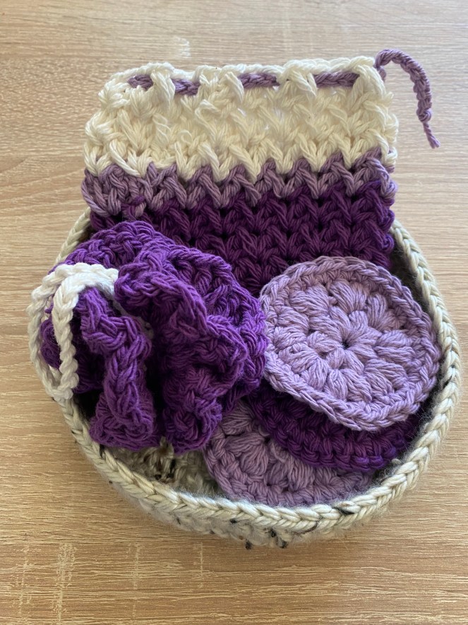 Soap Saver, Bath Pouf and Face Scrubbies in a holder